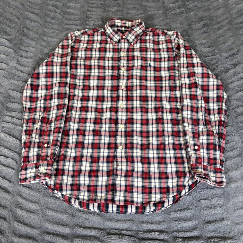Ralph Lauren Custom Fit Plaid Button Down Shirt Mens Medium Red White Blue AR702